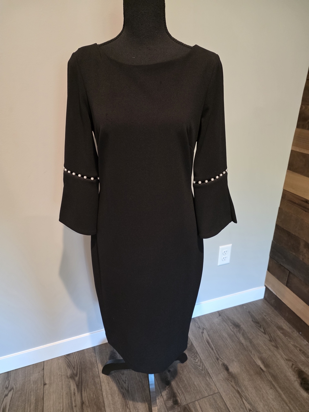 Black Pearl-Trim Bell Sleeve Calvin Klein Dress